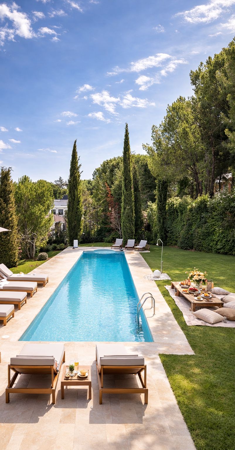 Piscina privada con hamacas y mesa de picnic para catering en jardín