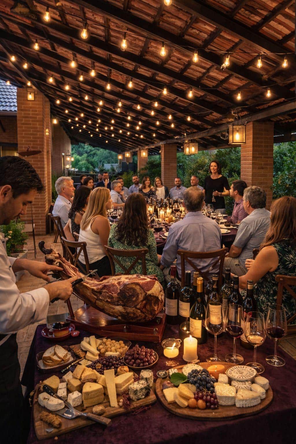 Cena de gala nocturna en terraza con jamón, quesos y vinos al catering
