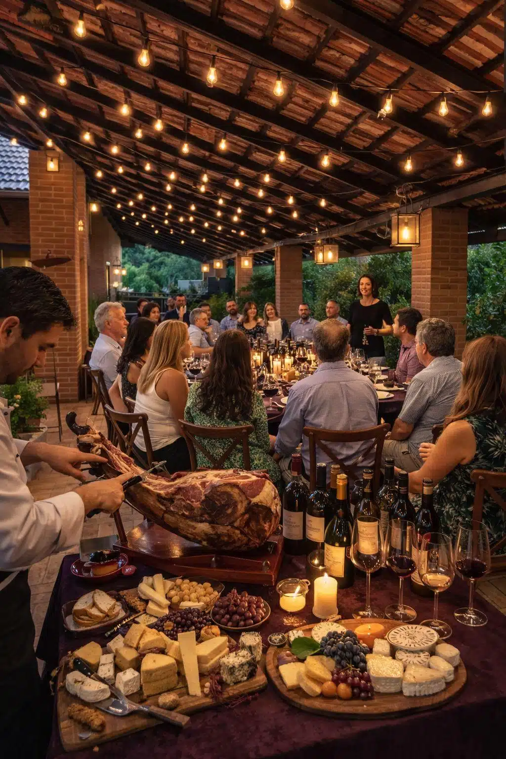 Cena de gala nocturna en terraza con jamón, quesos y vinos al catering