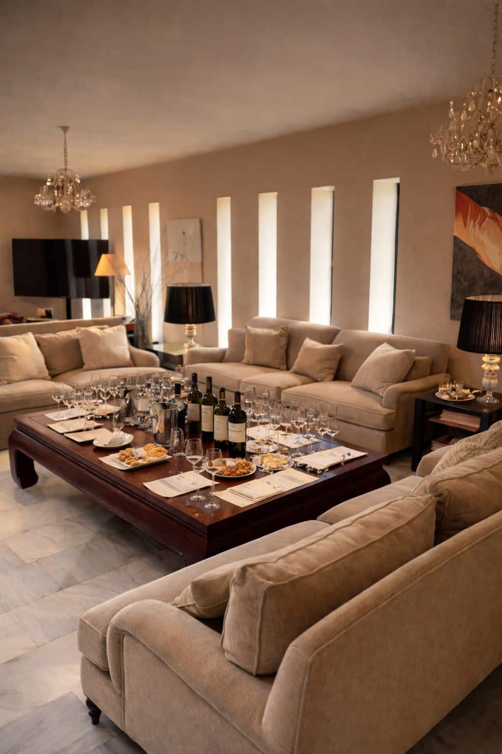 Sala de estar lujosa preparada para cata privada de vinos con botella