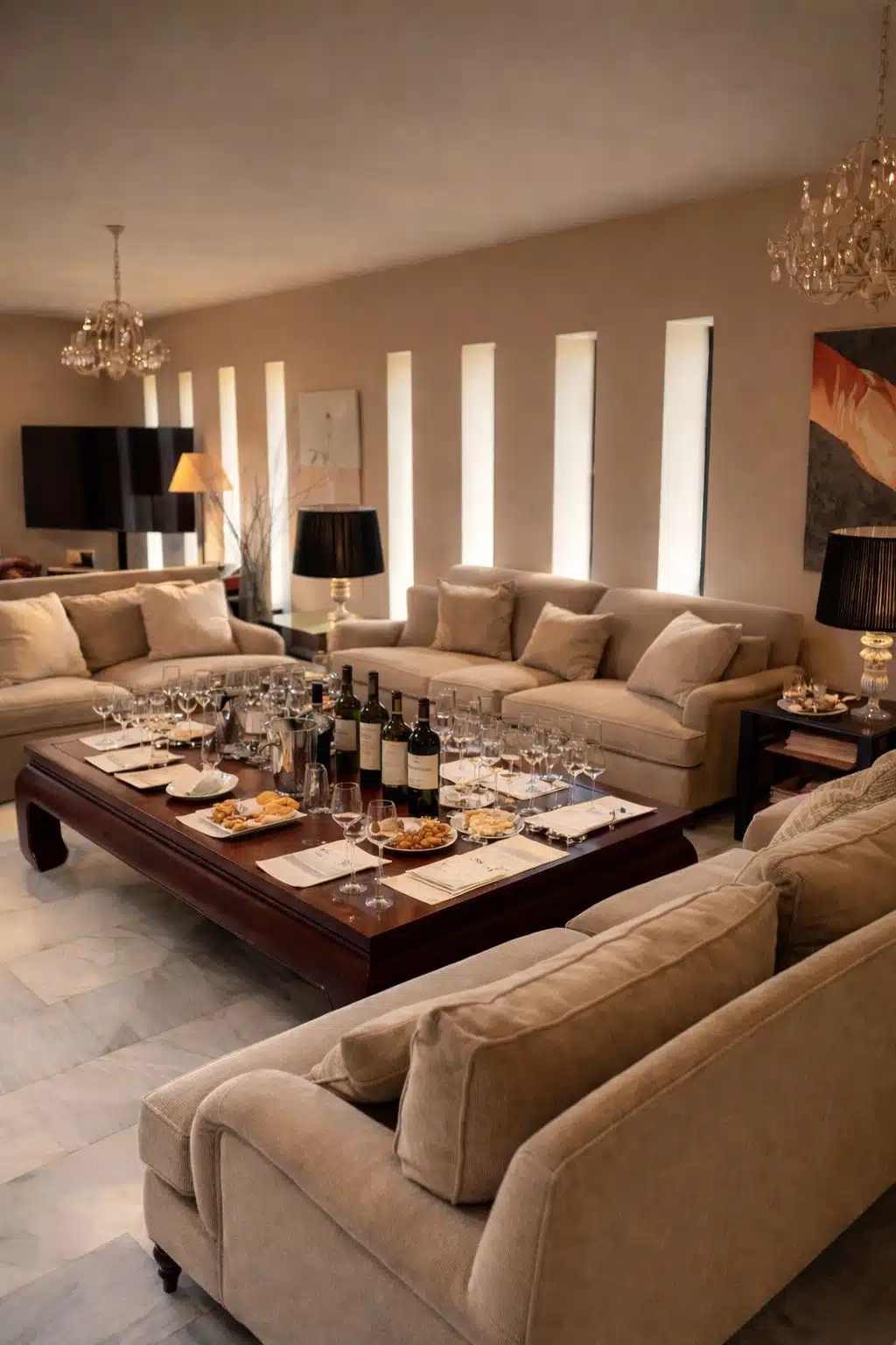 Sala de estar lujosa preparada para cata privada de vinos con botella