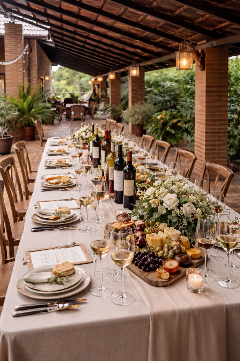 Mesa de banquete en terraza con vinos, flores y tabla de quesos