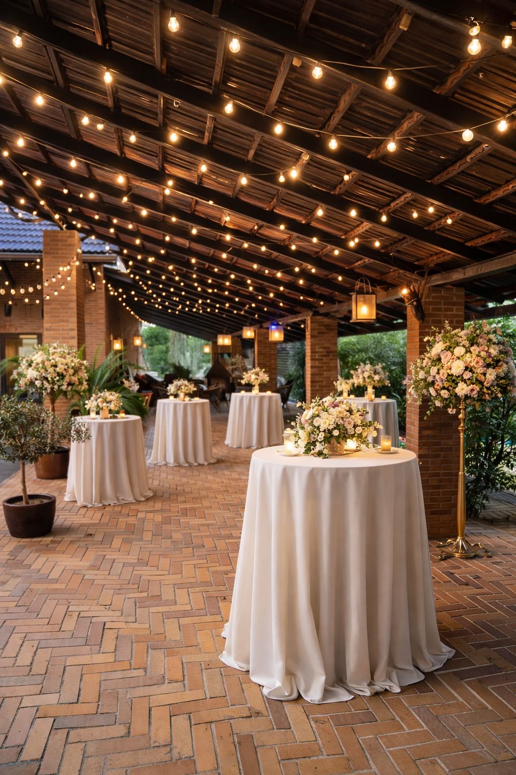 Mesas altas decoradas con flores para cóctel de bodas bajo pérgola iluminada