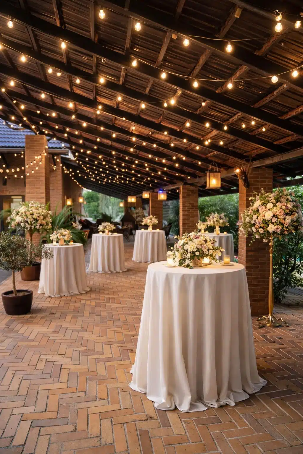 Mesas altas decoradas con flores para cóctel de bodas bajo pérgola iluminada